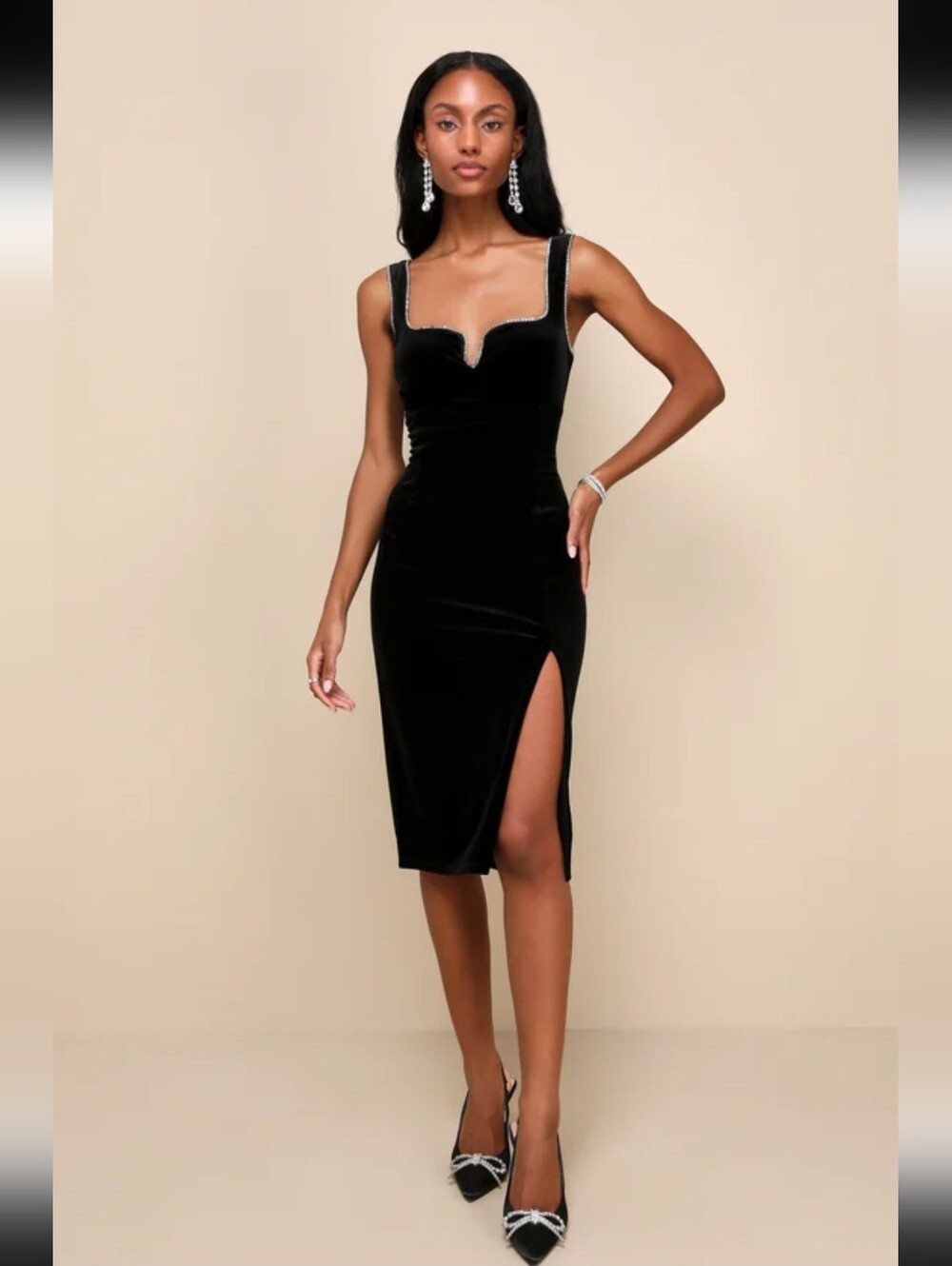 Lulus Posh Sparkle Black Velvet Rhinestone Notched Midi Dress